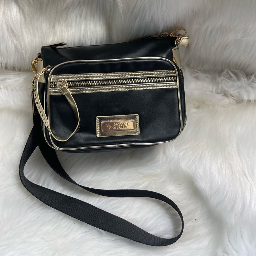 Versace Parfums black small crossbody bag with gold trims accent